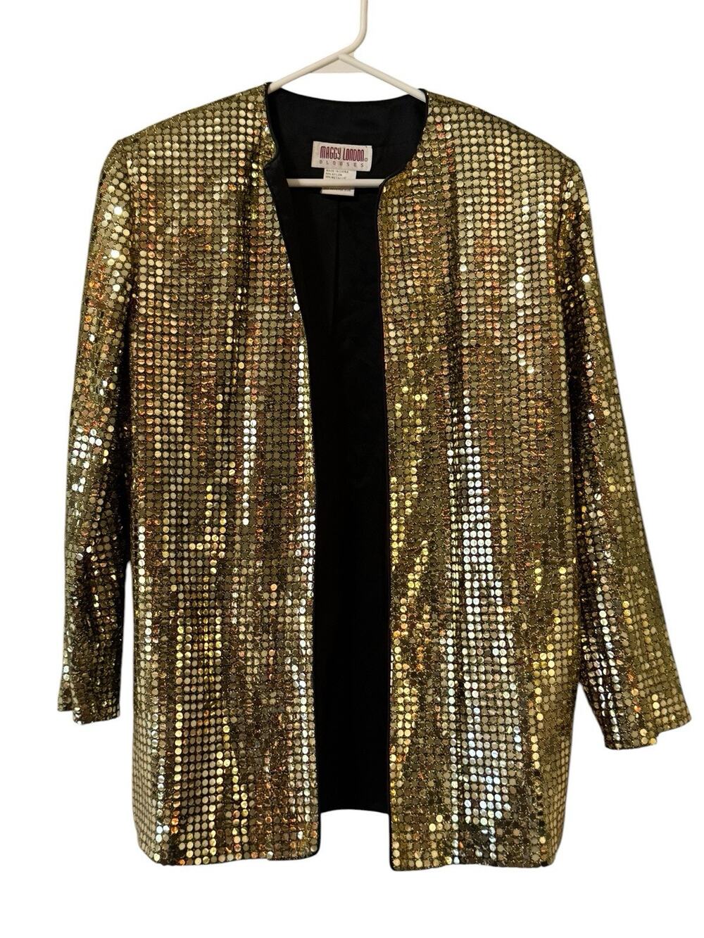 Maggy London Blouses Women Size 8 Gold Metallic Open Front Jacket Retro Disco